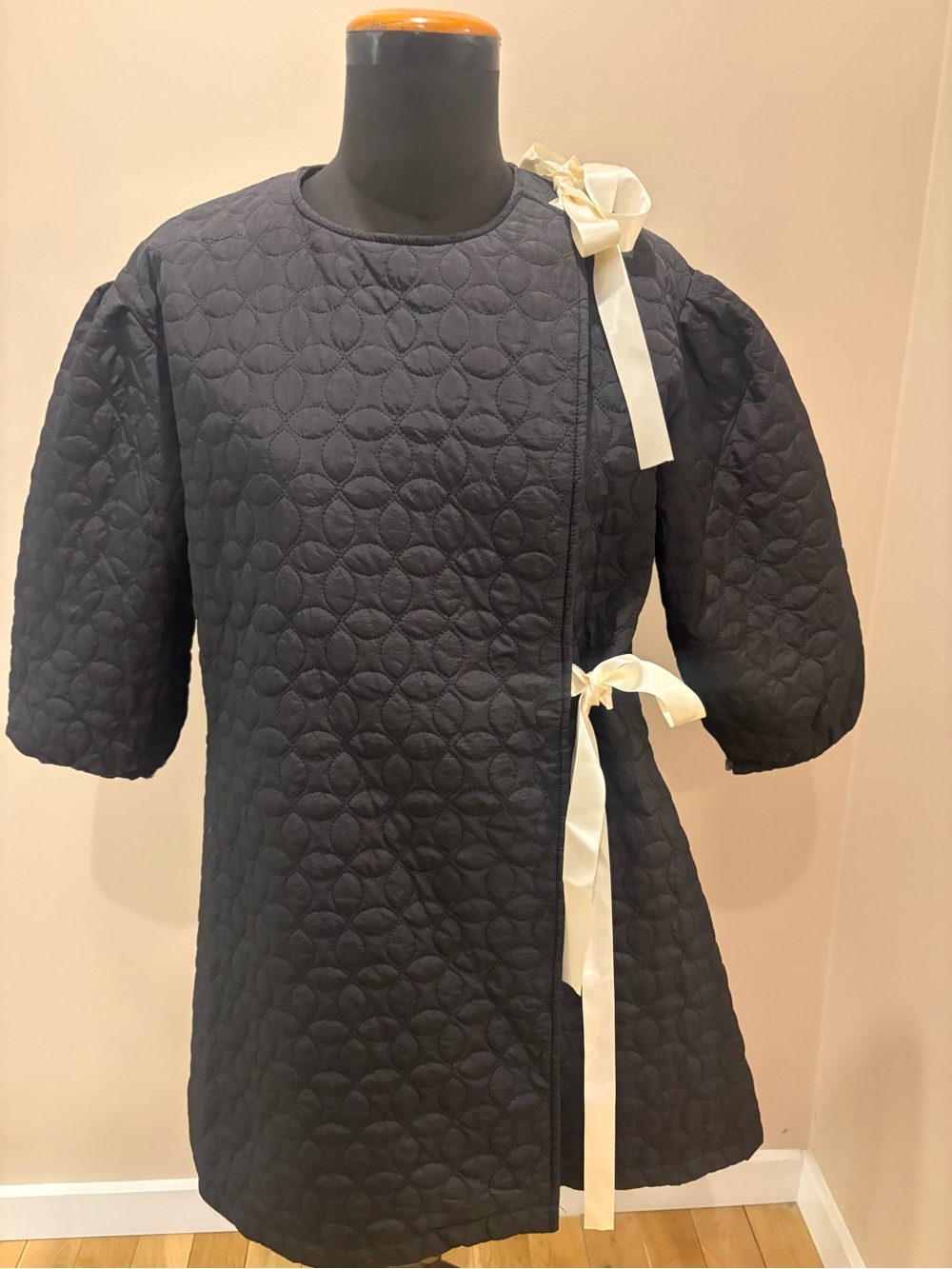 Brand new Quilted Black coat with Cream Ribbon Ties